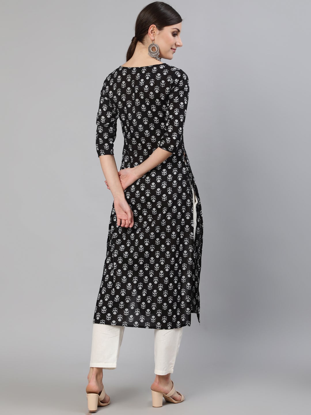 Women Black Ethnic Motif Printed Straight Kurta With Three Quarter Sleeves | LASVINI - Redefining Indian Fashion with Elegance