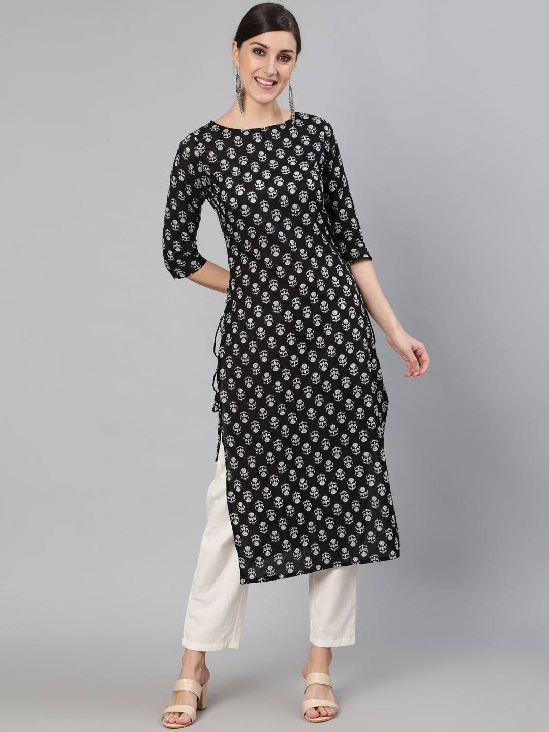Women Black Ethnic Motif Printed Straight Kurta With Three Quarter Sleeves | LASVINI - Redefining Indian Fashion with Elegance
