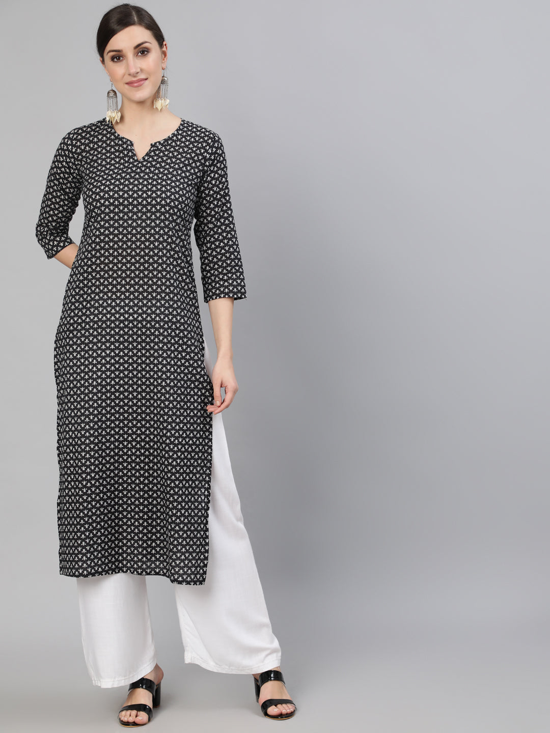 Women Black Abstrac Printed Straight Kurta With Three Quarter Sleeves | LASVINI - Redefining Indian Fashion with Elegance