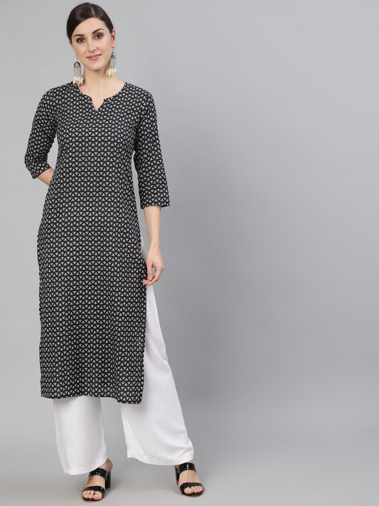 Women Black Abstrac Printed Straight Kurta With Three Quarter Sleeves | LASVINI - Redefining Indian Fashion with Elegance