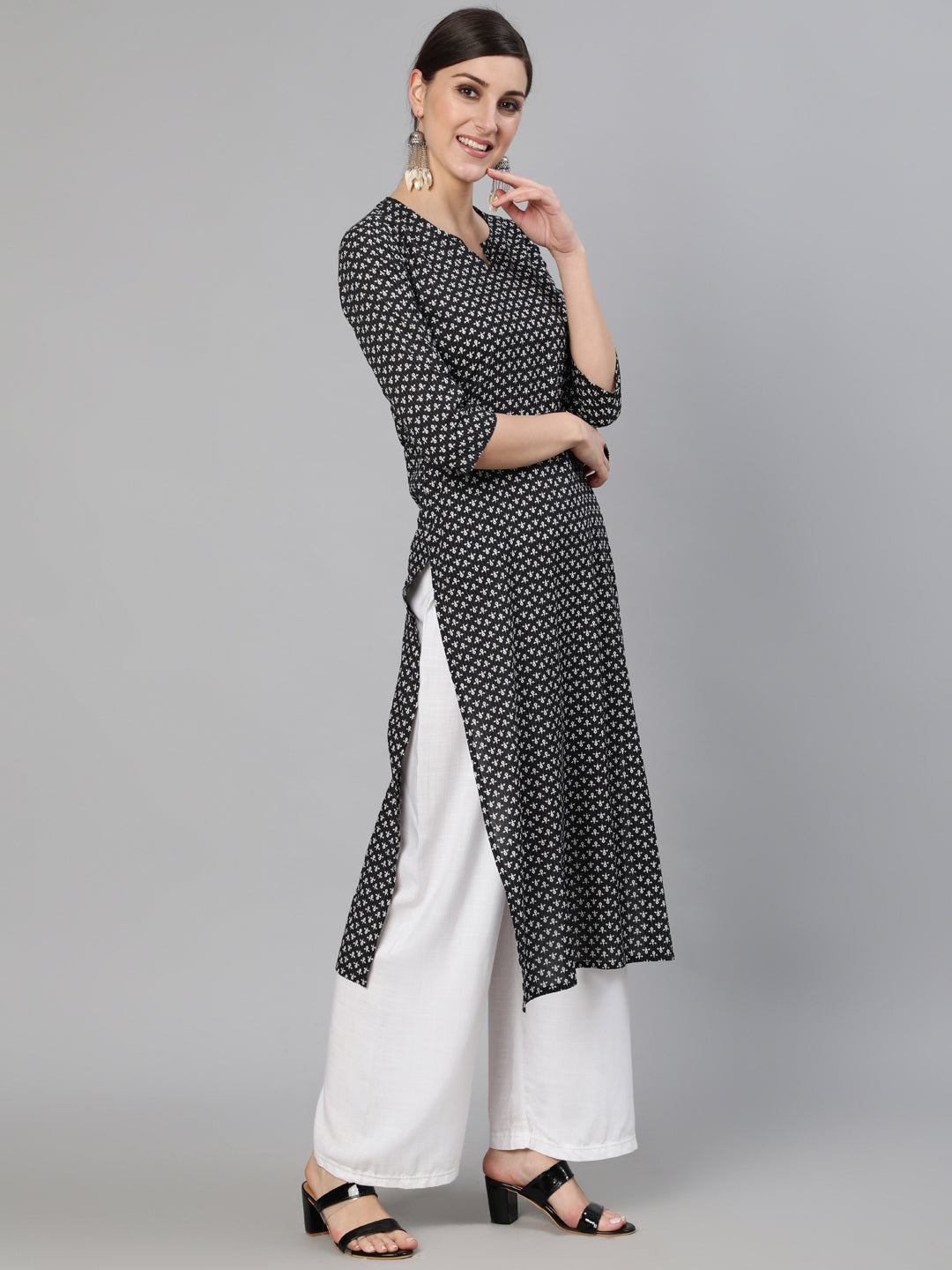 Women Black Abstrac Printed Straight Kurta With Three Quarter Sleeves | LASVINI - Redefining Indian Fashion with Elegance