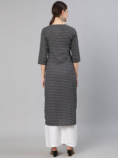 Women Black Abstrac Printed Straight Kurta With Three Quarter Sleeves | LASVINI - Redefining Indian Fashion with Elegance