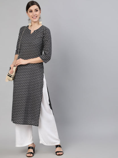 Women Black Abstrac Printed Straight Kurta With Three Quarter Sleeves | LASVINI - Redefining Indian Fashion with Elegance