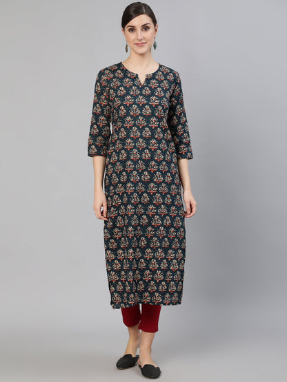 Women Blue Ethnic Printed Straight Kurta With Three Quarter Sleeves | LASVINI - Redefining Indian Fashion with Elegance