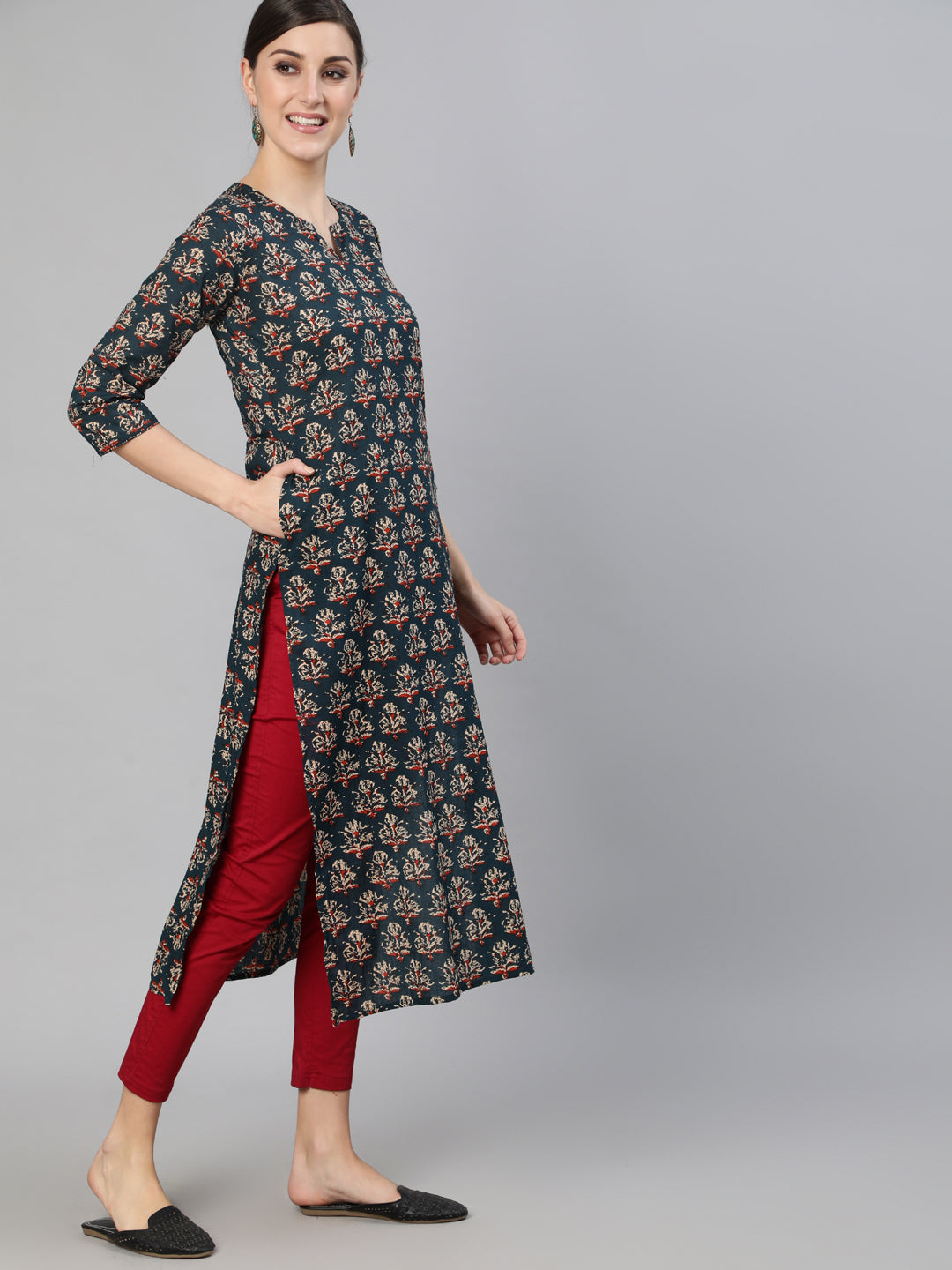 Women Blue Ethnic Printed Straight Kurta With Three Quarter Sleeves | LASVINI - Redefining Indian Fashion with Elegance