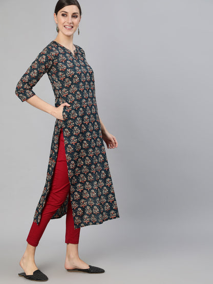 Women Blue Ethnic Printed Straight Kurta With Three Quarter Sleeves | LASVINI - Redefining Indian Fashion with Elegance