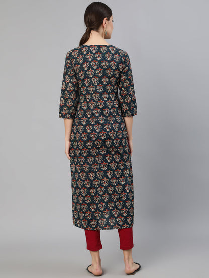 Women Blue Ethnic Printed Straight Kurta With Three Quarter Sleeves | LASVINI - Redefining Indian Fashion with Elegance