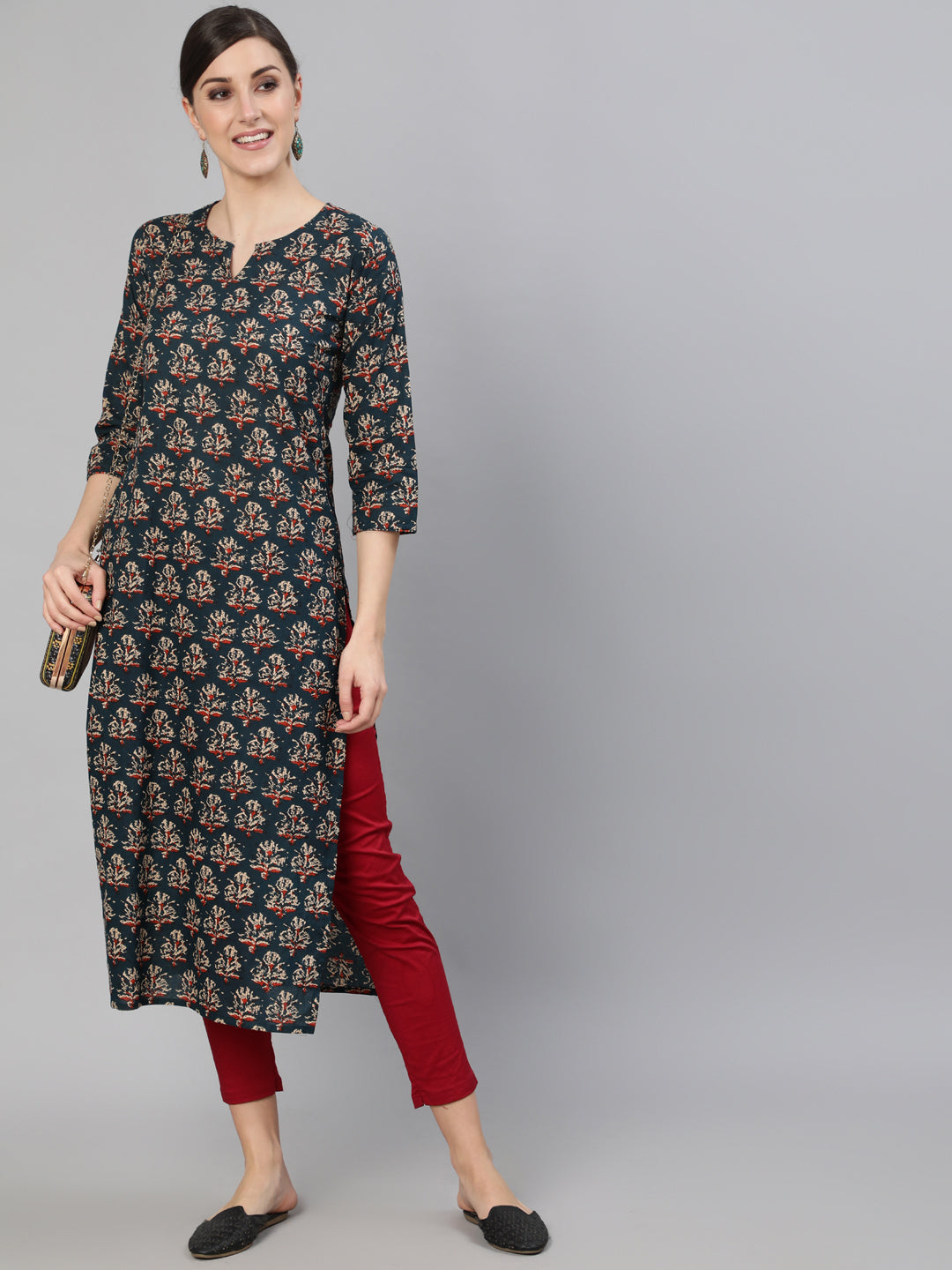 Women Blue Ethnic Printed Straight Kurta With Three Quarter Sleeves | LASVINI - Redefining Indian Fashion with Elegance