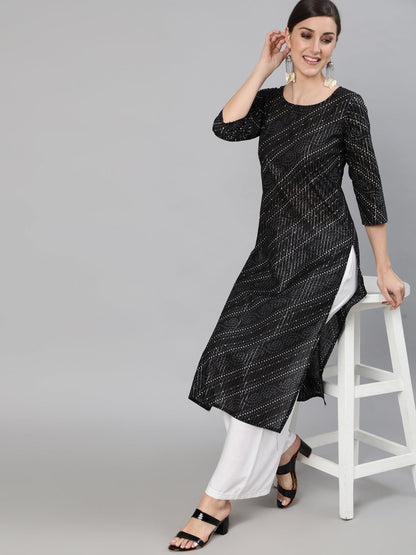 Women Black Bandhani Printed Kurta With Round Neck | LASVINI - Redefining Indian Fashion with Elegance