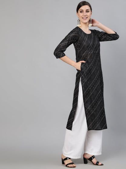 Women Black Bandhani Printed Kurta With Round Neck | LASVINI - Redefining Indian Fashion with Elegance