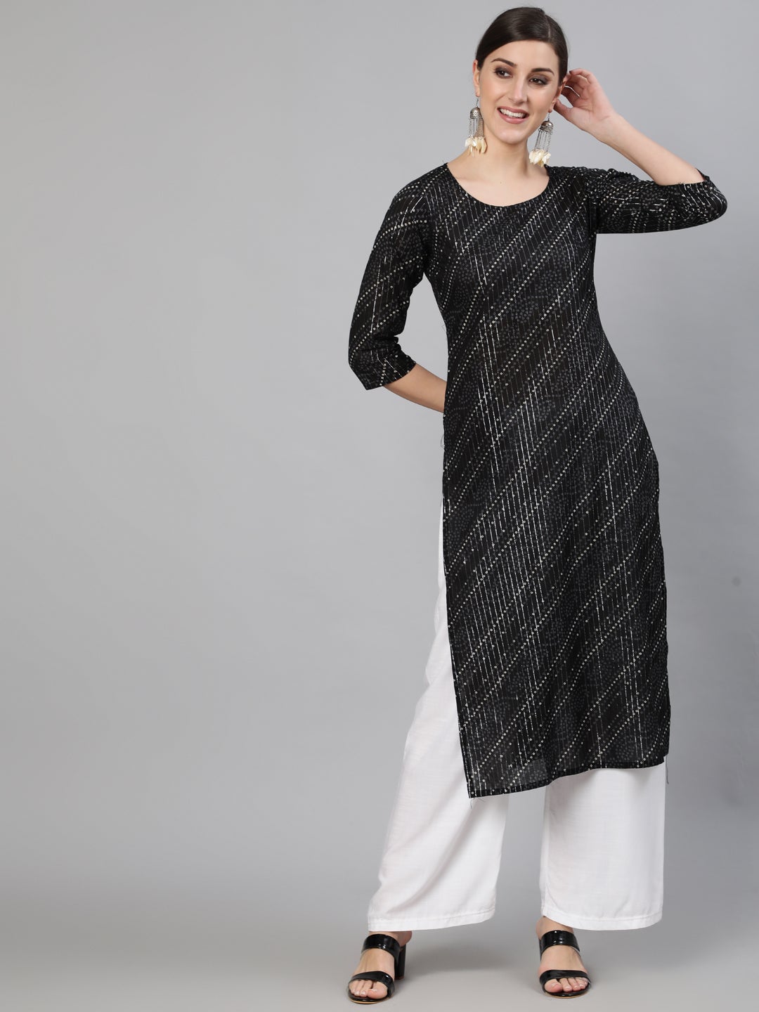 Women Black Bandhani Printed Kurta With Round Neck | LASVINI - Redefining Indian Fashion with Elegance
