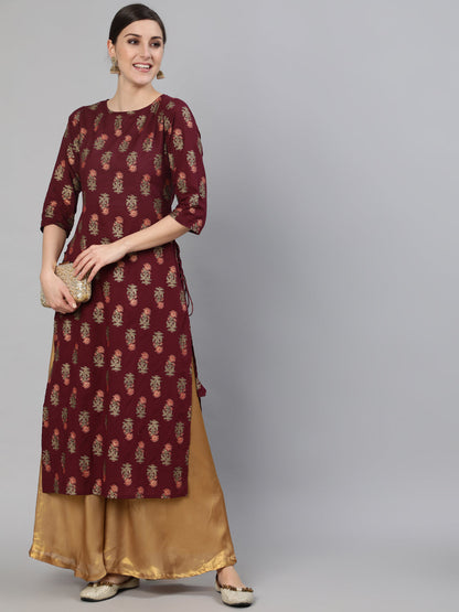 Women Burgundy Floral Printed Kurta With Tassel Detail | LASVINI - Redefining Indian Fashion with Elegance
