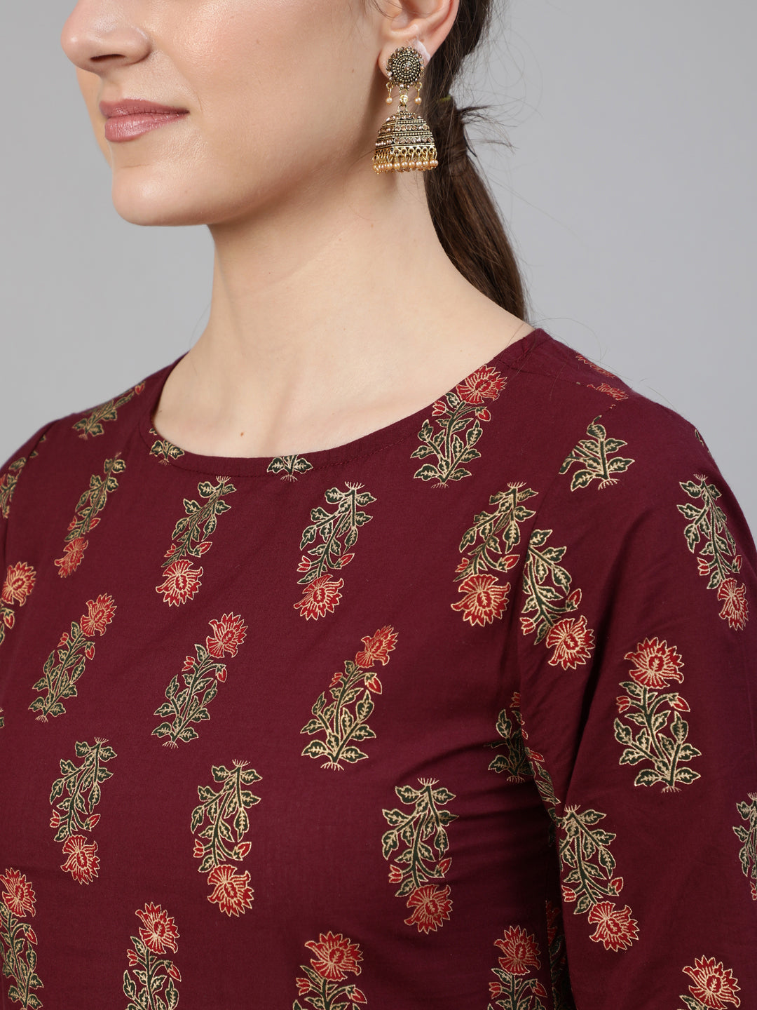 Women Burgundy Floral Printed Kurta With Tassel Detail | LASVINI - Redefining Indian Fashion with Elegance