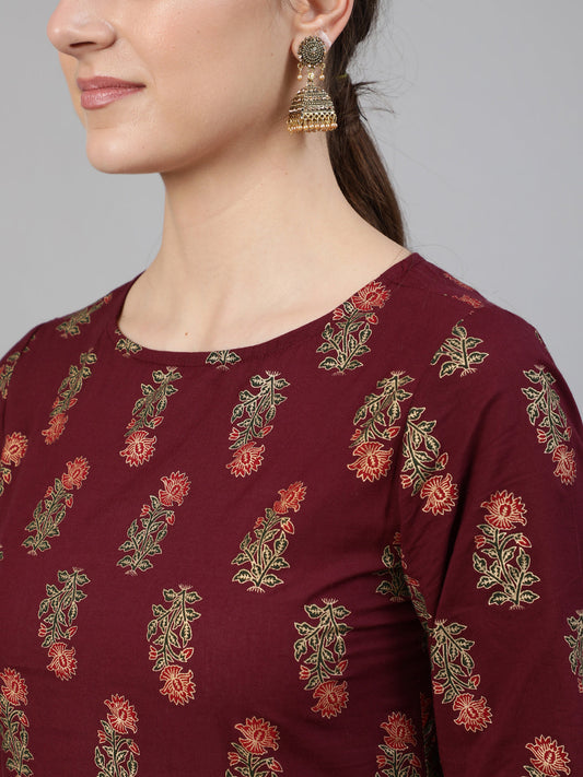 Women Burgundy Floral Printed Kurta With Tassel Detail | LASVINI - Redefining Indian Fashion with Elegance