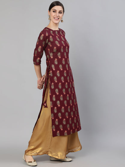 Women Burgundy Floral Printed Kurta With Tassel Detail | LASVINI - Redefining Indian Fashion with Elegance