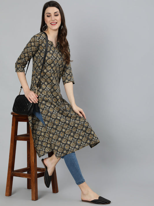 Women Black Abstract Printed Straight Kurta With Three Quarter Sleeves | LASVINI - Redefining Indian Fashion with Elegance