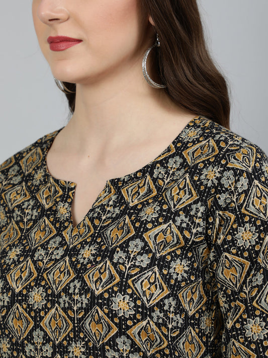 Women Black Abstract Printed Straight Kurta With Three Quarter Sleeves | LASVINI - Redefining Indian Fashion with Elegance