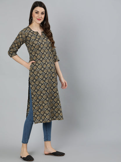 Women Black Abstract Printed Straight Kurta With Three Quarter Sleeves | LASVINI - Redefining Indian Fashion with Elegance