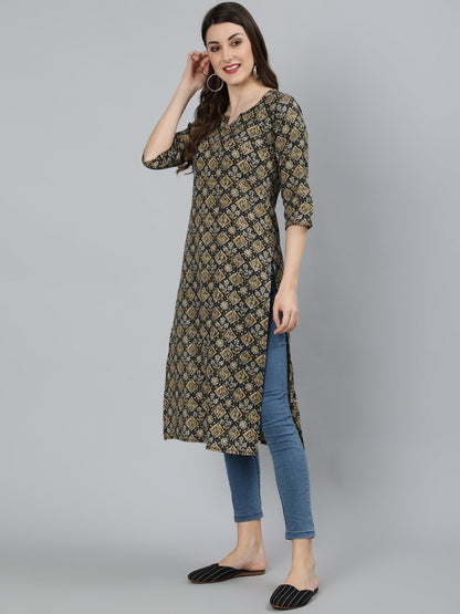 Women Black Abstract Printed Straight Kurta With Three Quarter Sleeves | LASVINI - Redefining Indian Fashion with Elegance
