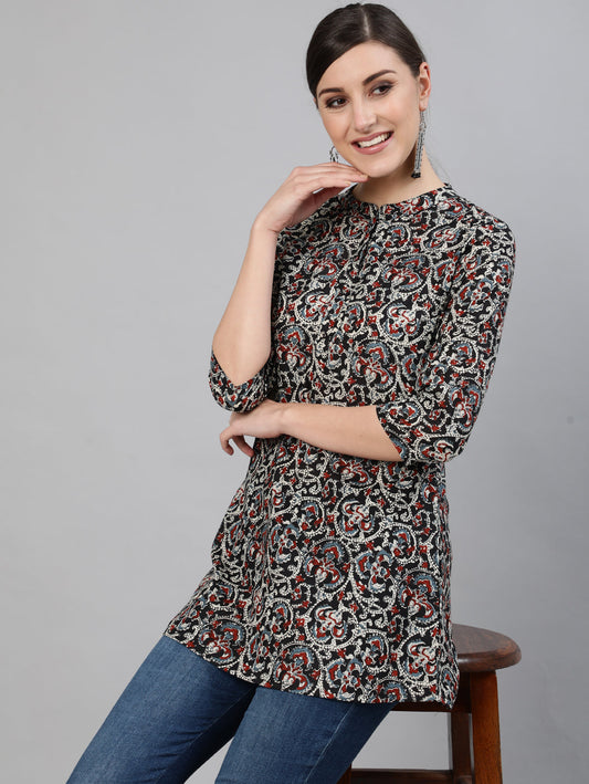 Women Black Printed Tunic With Three Quarter Sleeves | LASVINI - Redefining Indian Fashion with Elegance