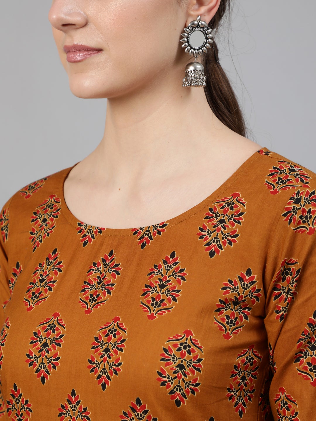Women Mustard Ethnic Motifs Printed Straight Kurta With Tassel Detail | LASVINI - Redefining Indian Fashion with Elegance
