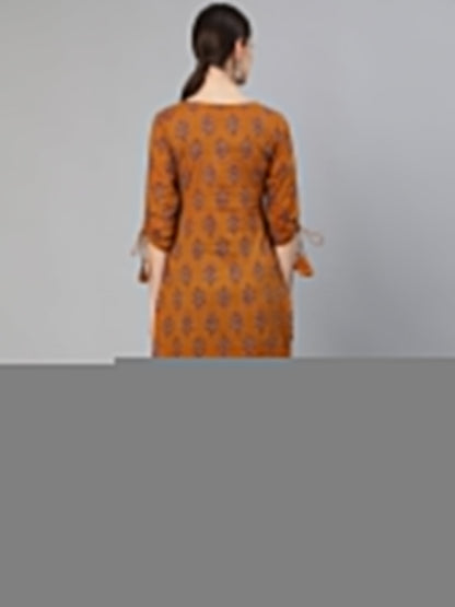 Women Mustard Ethnic Motifs Printed Straight Kurta With Tassel Detail | LASVINI - Redefining Indian Fashion with Elegance