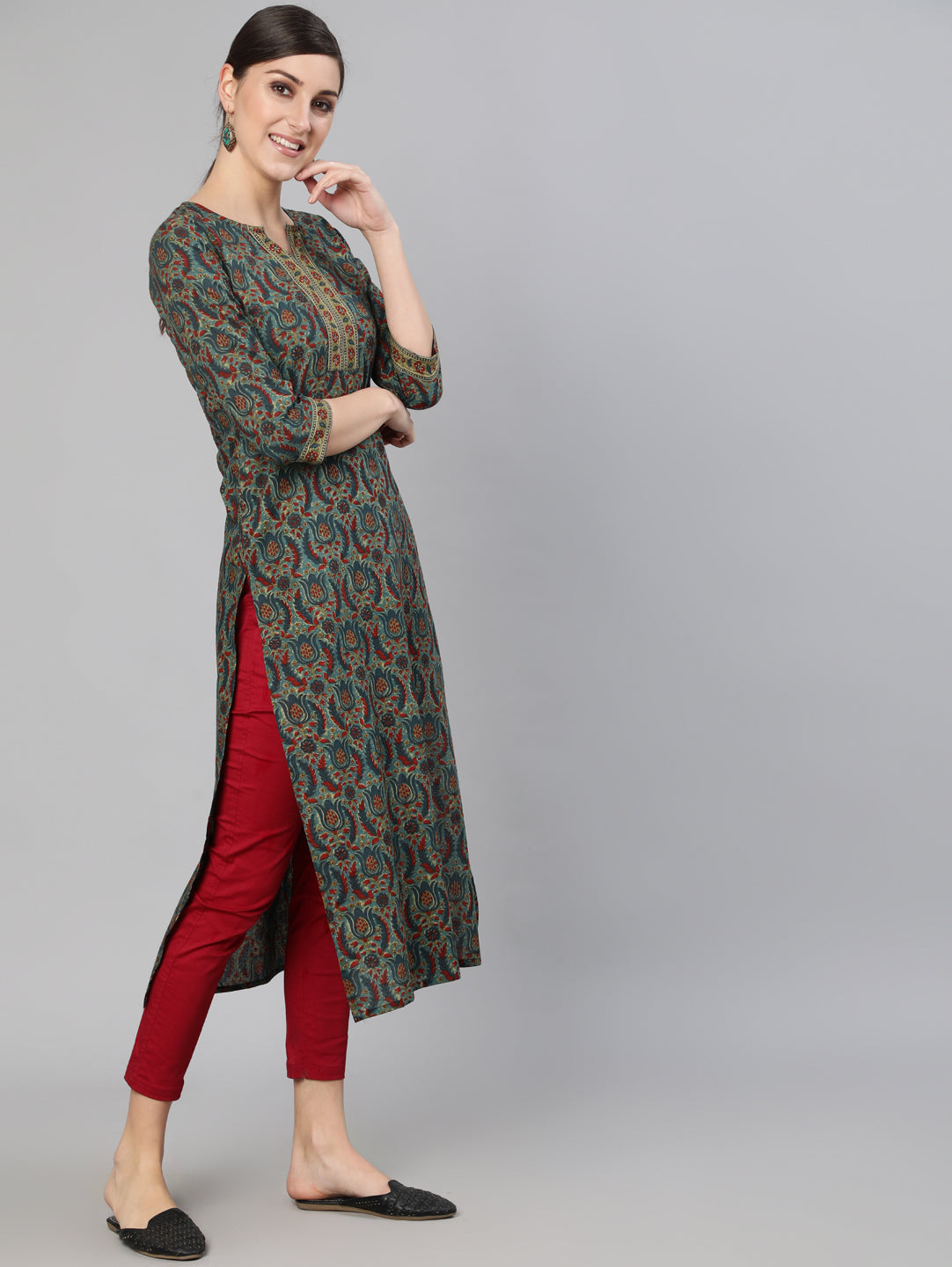 Women Blue Ethnic Motif Printed Straight Kurta With Three Quarter Sleeves | LASVINI - Redefining Indian Fashion with Elegance