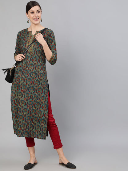 Women Blue Ethnic Motif Printed Straight Kurta With Three Quarter Sleeves | LASVINI - Redefining Indian Fashion with Elegance