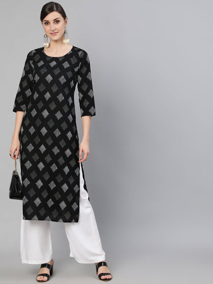 Women Black Geometric Printed Straight Kurta With Three Quarter Sleeves | LASVINI - Redefining Indian Fashion with Elegance