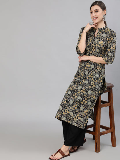 Women Black & Cream Floral Printed Kurta With Three Quarter Sleeves | LASVINI - Redefining Indian Fashion with Elegance