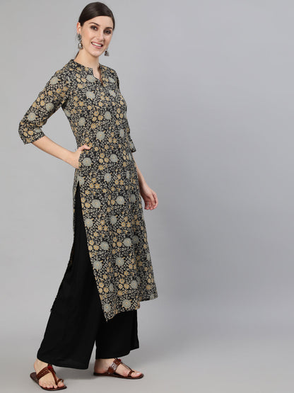Women Black & Cream Floral Printed Kurta With Three Quarter Sleeves | LASVINI - Redefining Indian Fashion with Elegance