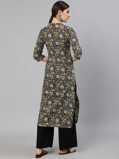 Women Black & Cream Floral Printed Kurta With Three Quarter Sleeves | LASVINI - Redefining Indian Fashion with Elegance
