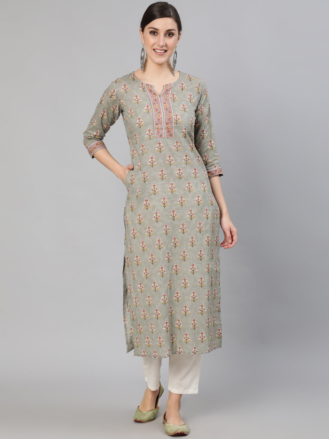 Women Grey Floral Printed  Straight Kurta With Three Quarter Sleeves | LASVINI - Redefining Indian Fashion with Elegance
