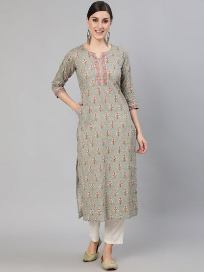 Women Grey Floral Printed  Straight Kurta With Three Quarter Sleeves | LASVINI - Redefining Indian Fashion with Elegance