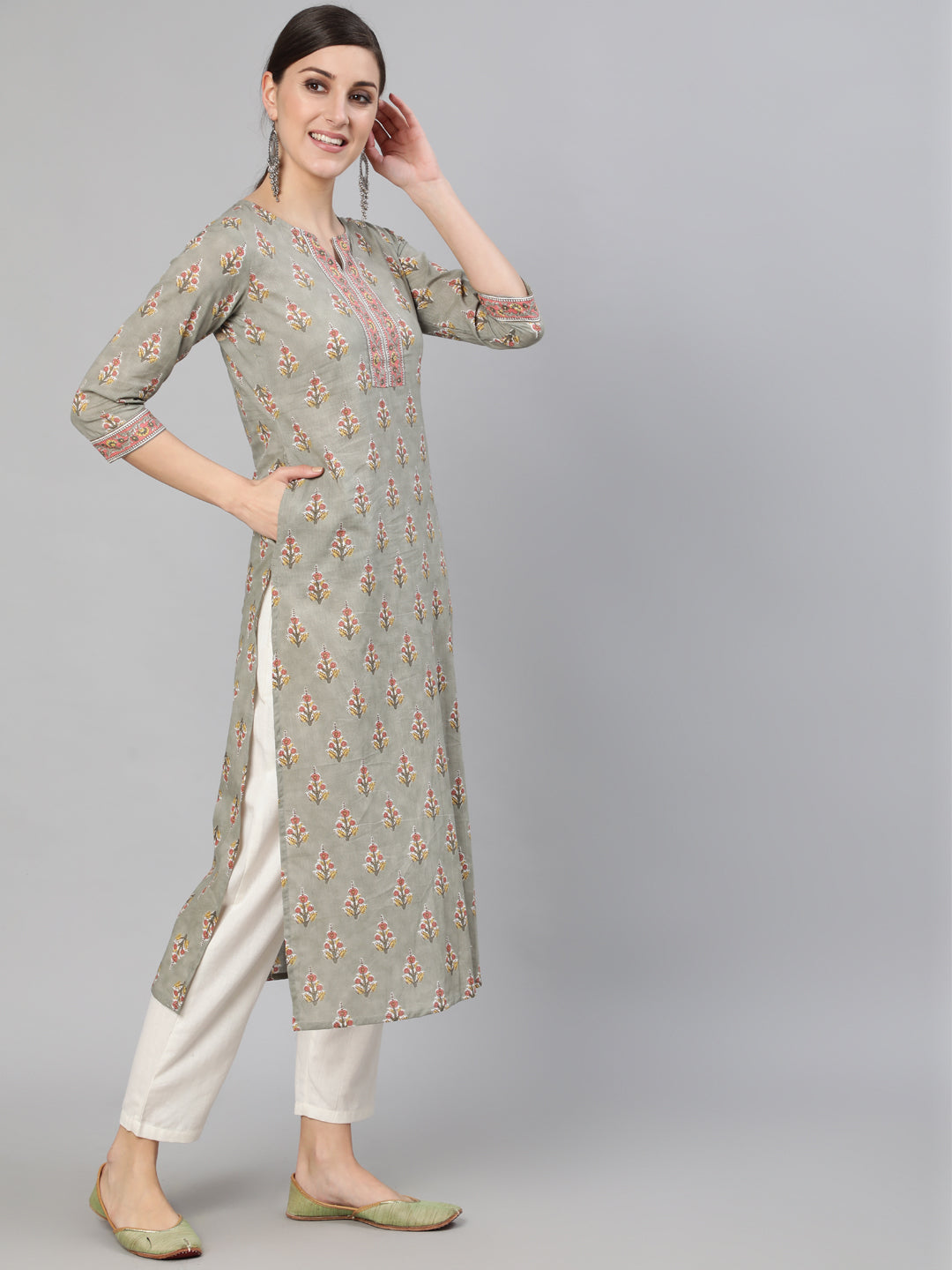 Women Grey Floral Printed  Straight Kurta With Three Quarter Sleeves | LASVINI - Redefining Indian Fashion with Elegance