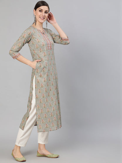 Women Grey Floral Printed  Straight Kurta With Three Quarter Sleeves | LASVINI - Redefining Indian Fashion with Elegance
