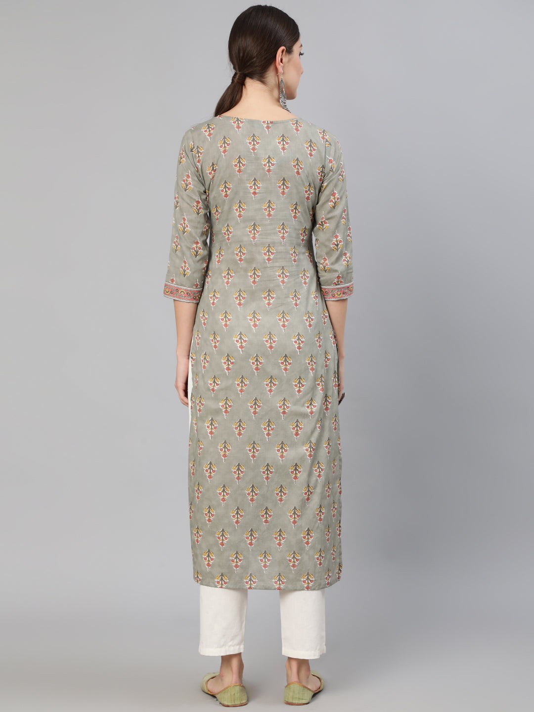Women Grey Floral Printed  Straight Kurta With Three Quarter Sleeves | LASVINI - Redefining Indian Fashion with Elegance
