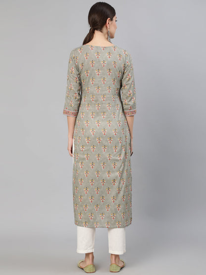 Women Grey Floral Printed  Straight Kurta With Three Quarter Sleeves | LASVINI - Redefining Indian Fashion with Elegance