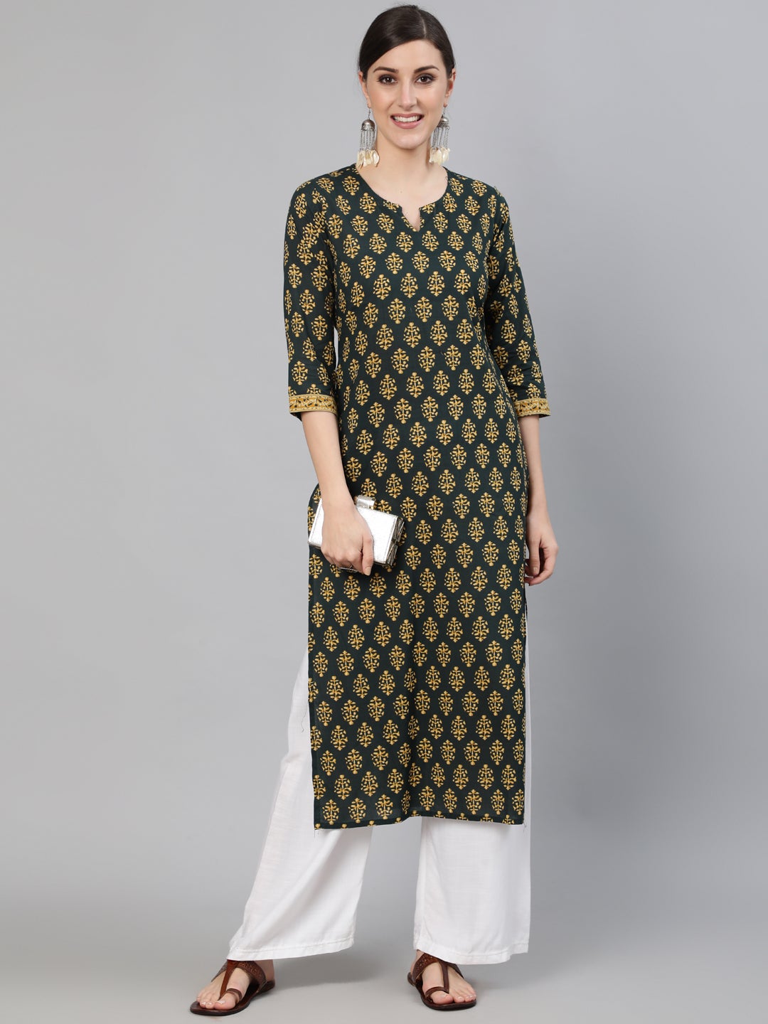 Women Green Ethnic Printed Straight Kurta With Three Quarter Sleeves | LASVINI - Redefining Indian Fashion with Elegance