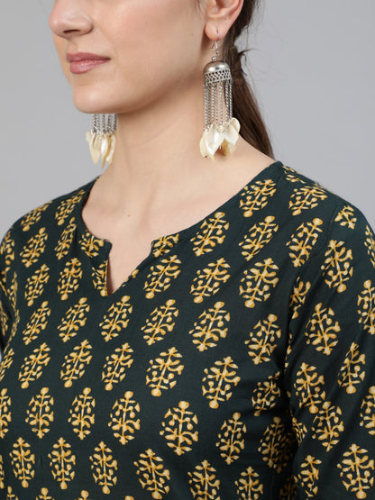 Women Green Ethnic Printed Straight Kurta With Three Quarter Sleeves | LASVINI - Redefining Indian Fashion with Elegance