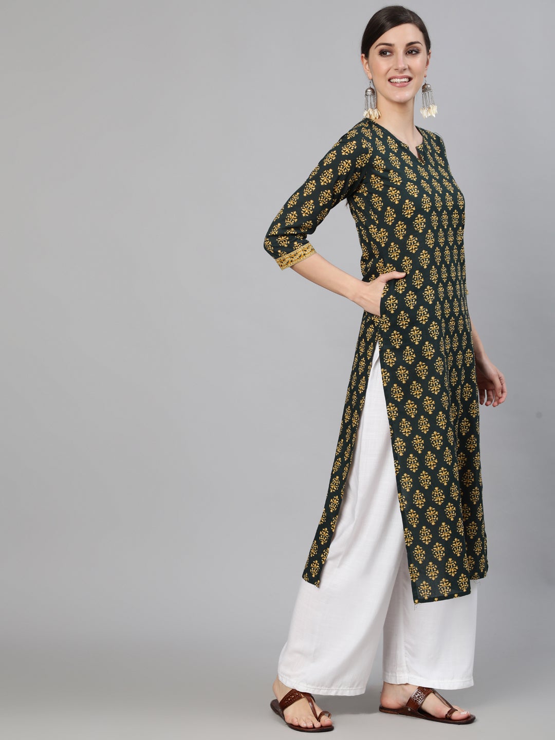 Women Green Ethnic Printed Straight Kurta With Three Quarter Sleeves | LASVINI - Redefining Indian Fashion with Elegance