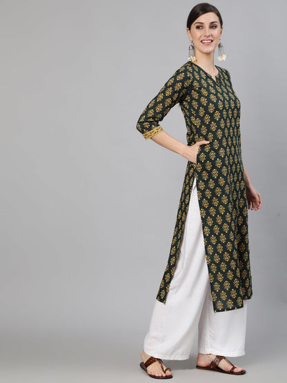 Women Green Ethnic Printed Straight Kurta With Three Quarter Sleeves | LASVINI - Redefining Indian Fashion with Elegance