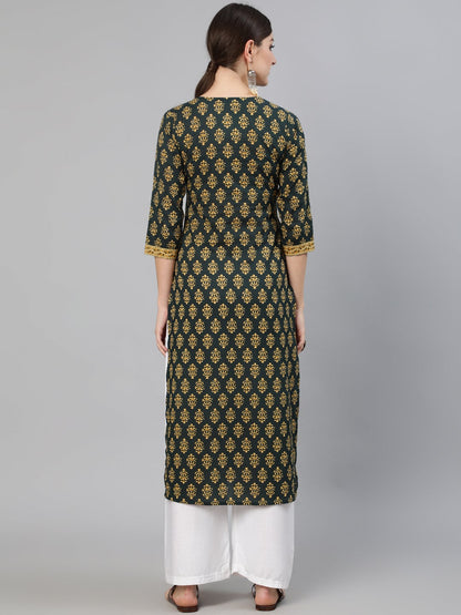 Women Green Ethnic Printed Straight Kurta With Three Quarter Sleeves | LASVINI - Redefining Indian Fashion with Elegance