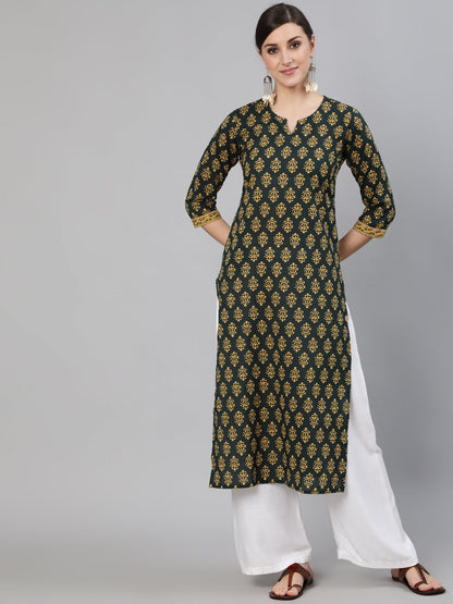 Women Green Ethnic Printed Straight Kurta With Three Quarter Sleeves | LASVINI - Redefining Indian Fashion with Elegance