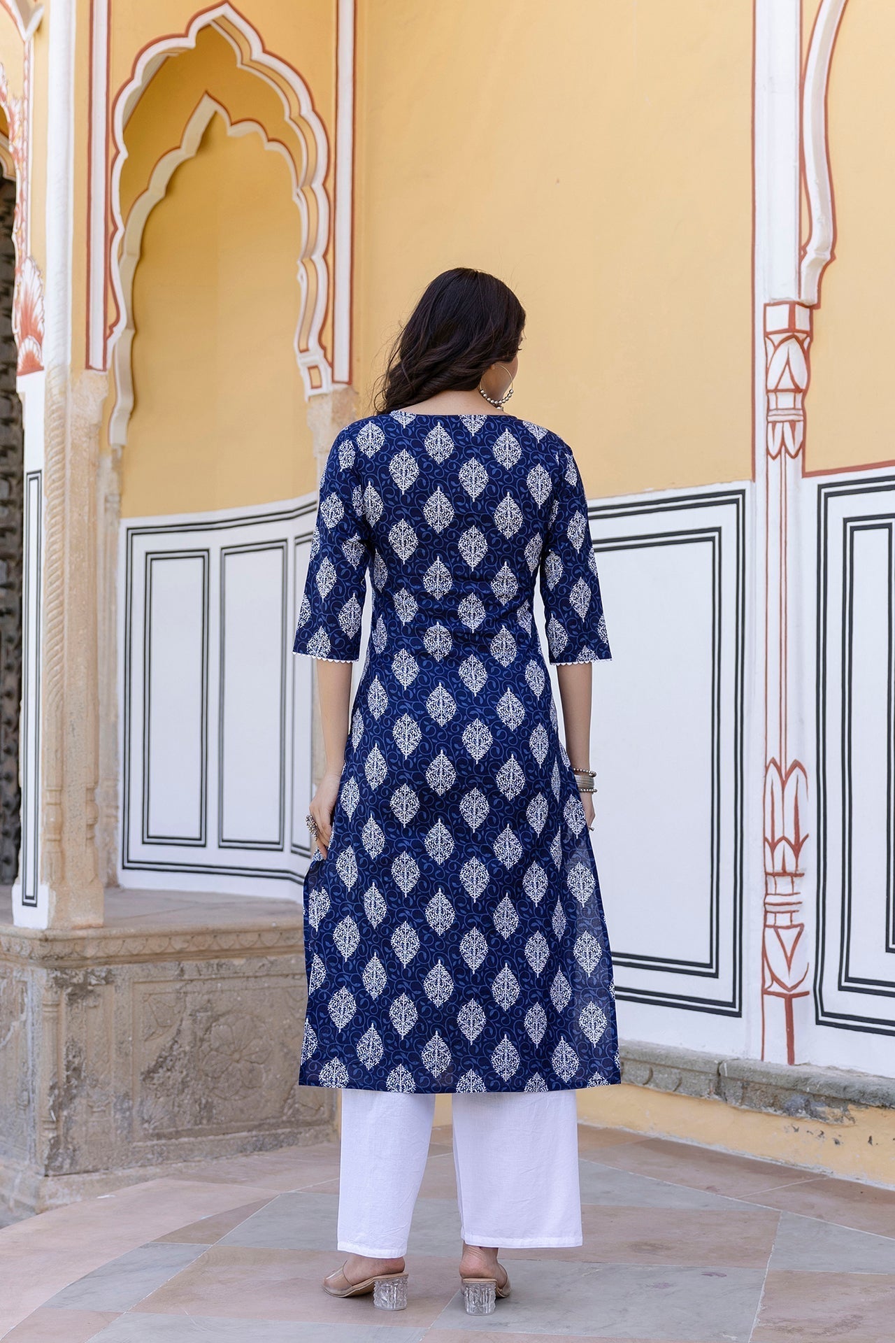 Women Navy Blue Ethnic Printed Straight Kurta With Lace Details | LASVINI - Redefining Indian Fashion with Elegance