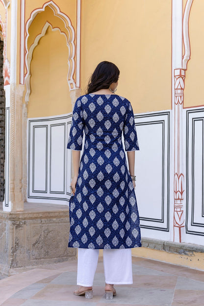 Women Navy Blue Ethnic Printed Straight Kurta With Lace Details | LASVINI - Redefining Indian Fashion with Elegance