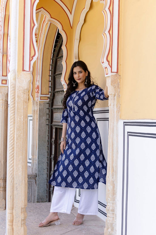 Women Navy Blue Ethnic Printed Straight Kurta With Lace Details | LASVINI - Redefining Indian Fashion with Elegance