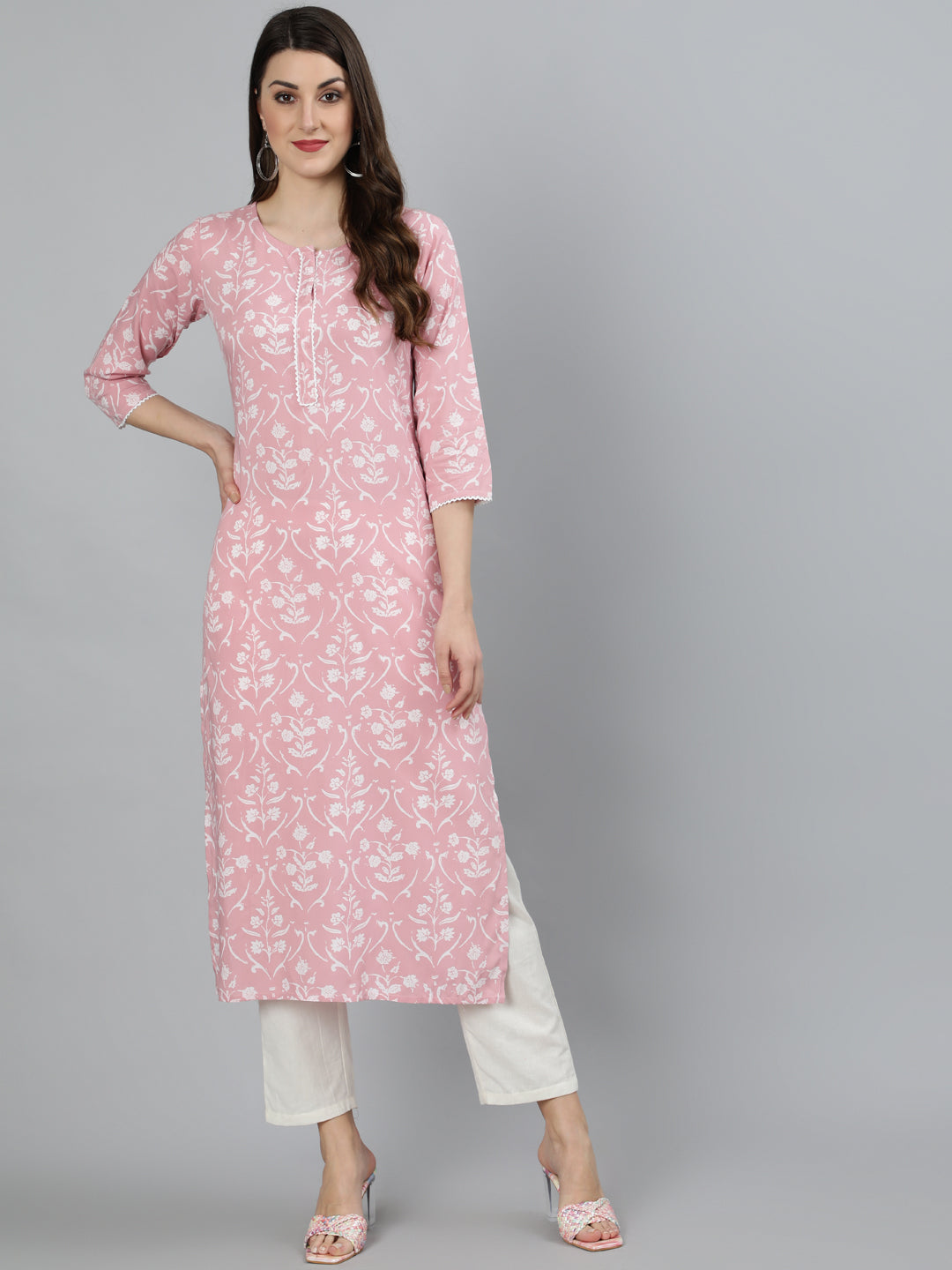 Women Pink Floral Printed Kurta With Three Quarter Sleeves | LASVINI - Redefining Indian Fashion with Elegance