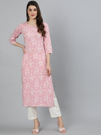 Women Pink Floral Printed Kurta With Three Quarter Sleeves | LASVINI - Redefining Indian Fashion with Elegance