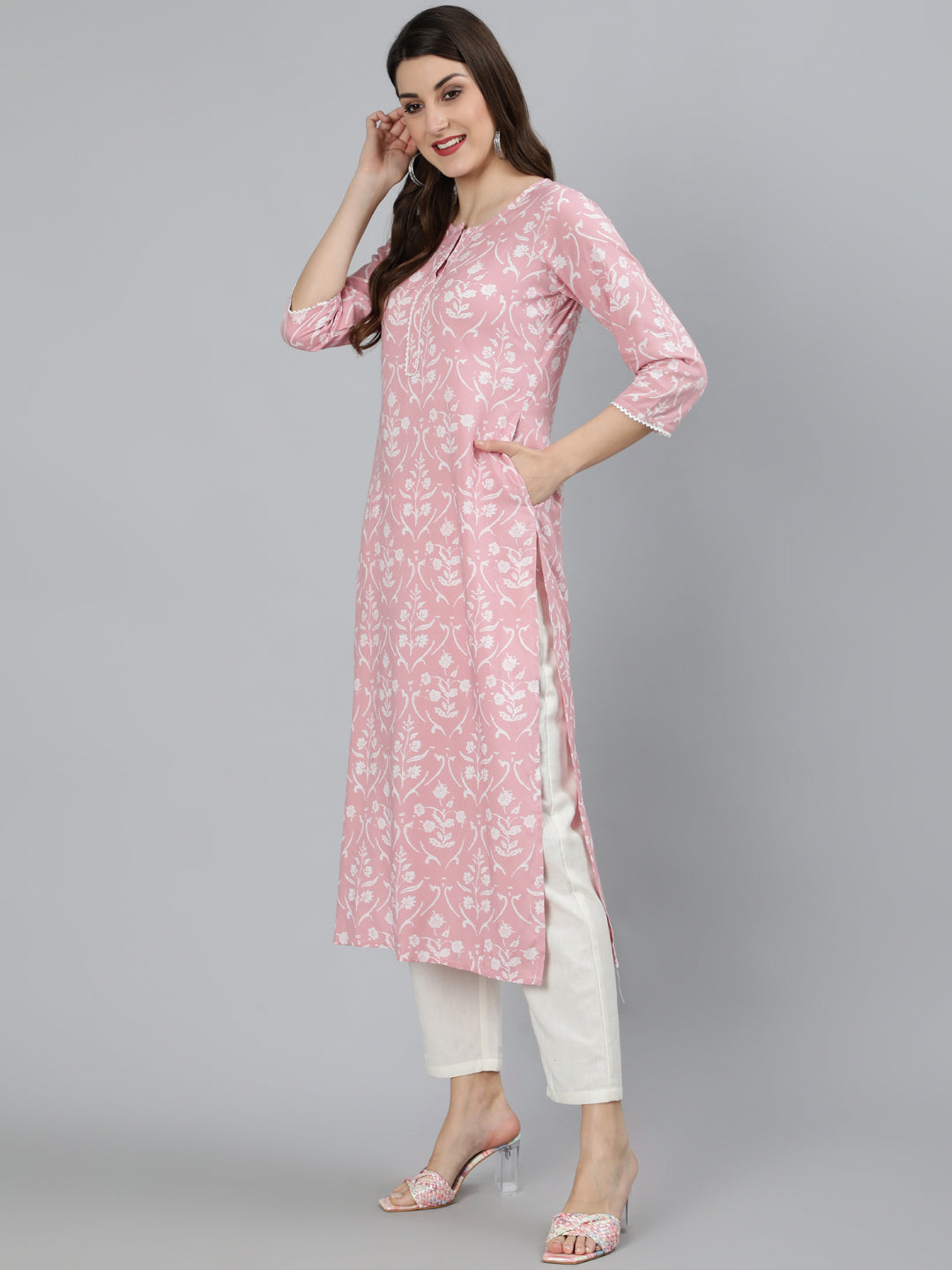 Women Pink Floral Printed Kurta With Three Quarter Sleeves | LASVINI - Redefining Indian Fashion with Elegance